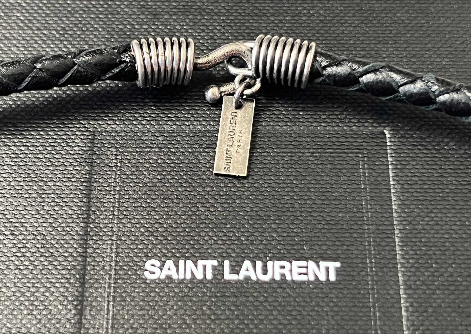 NIB Saint Laurent YSL Victorian Moon Black Braid Leather Pendant Necklace $1295