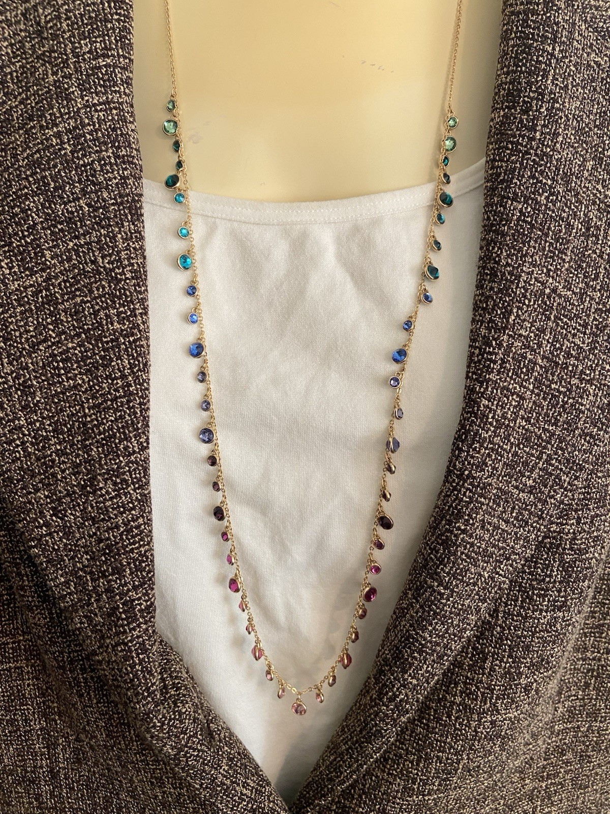 Gold Tone Multicolor Crystal Station Chain Necklace Round Prong Lobster 35in