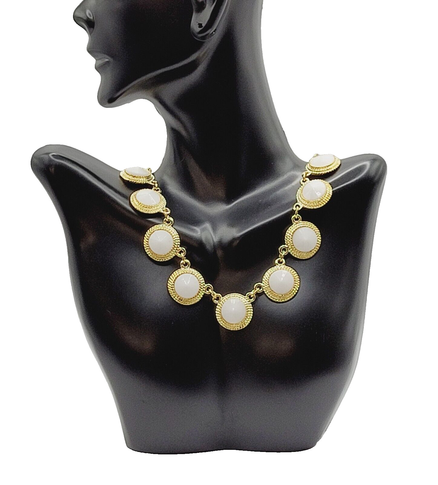 Gold Tone Bezel White Faceted Acrylic & Metal Link Professional Necklace 18 In