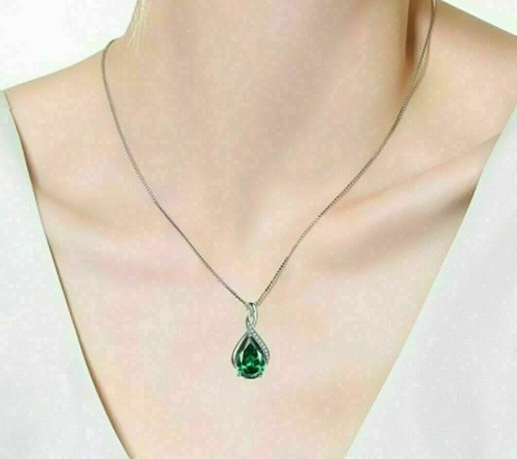 14k White Gold Plated 2.00Ct Pear Cut Simulated Green Emerald Pendant Necklace