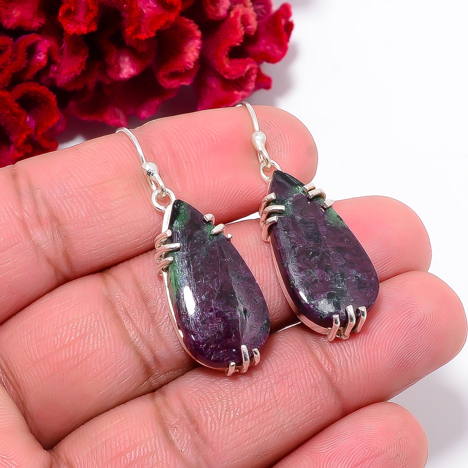 Natural Ruby With Zoisite – Tanzania 925 Sterling Silver Earring 1.64″ E103644