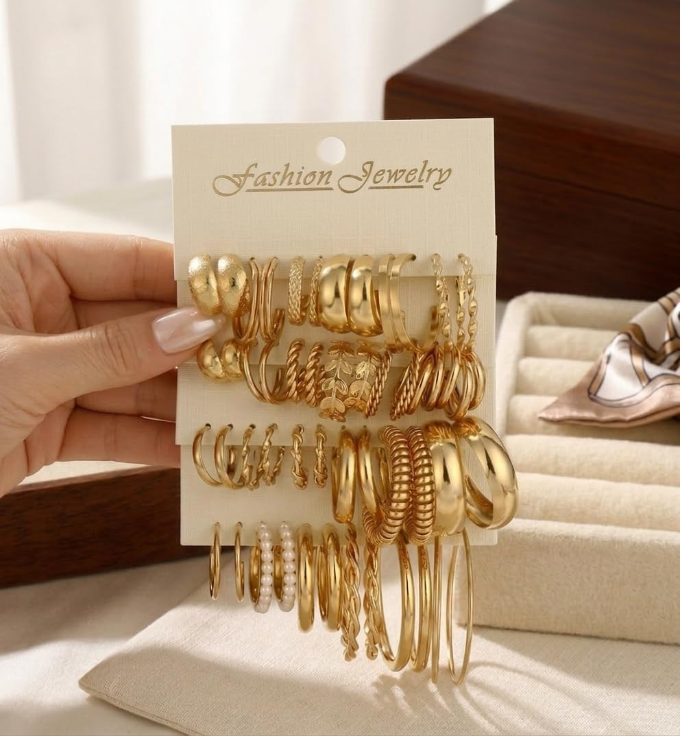 42 Pairs Gold Hoop Earrings Set for Women, Fashion Chunky Pearl Earrings Multipa