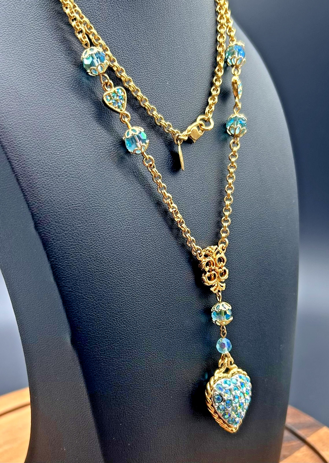Vintage 1990s Kirks Folly Gold Tone Aurora Borealis Blue Crystal Heart Pendant