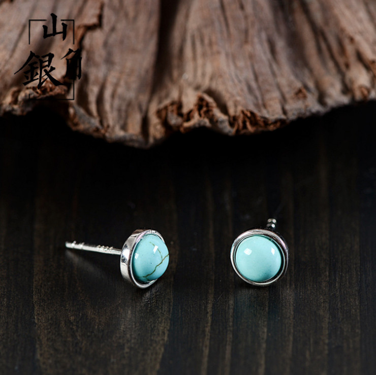 6mm S925 Sterling Silver Round Natural Turquoise Stud Earrings Gift Box PE60