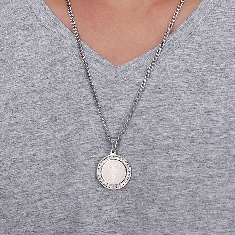 Silver Women Men Medical Alert ID Necklace Pendant Cubic Zirconia Free Engraving