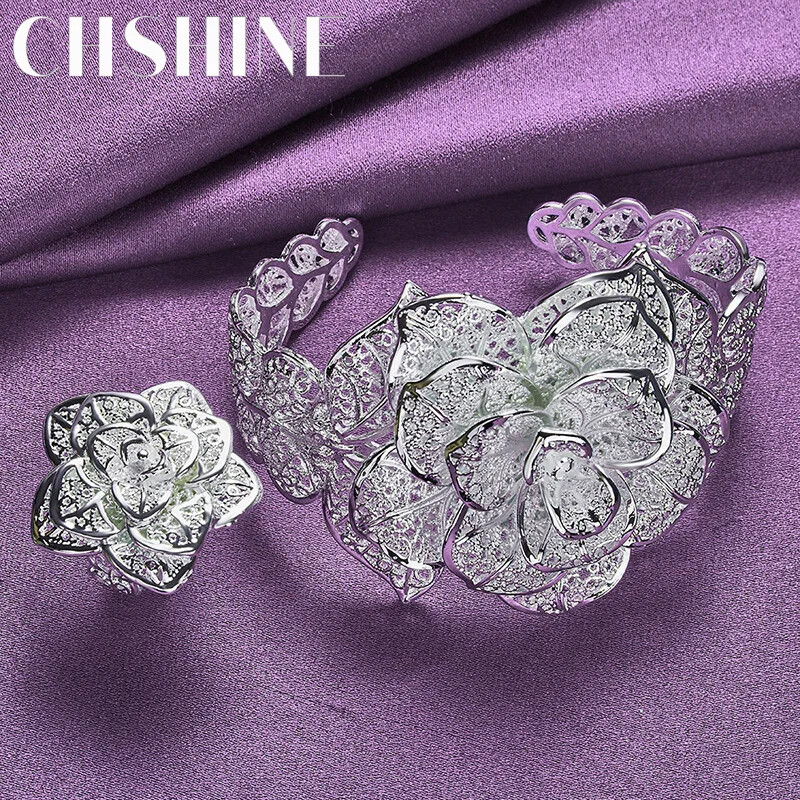 CHSHINE 925 Sterling Silver Big Flower Bangle Bracelet Ring Charm Jewelry Set