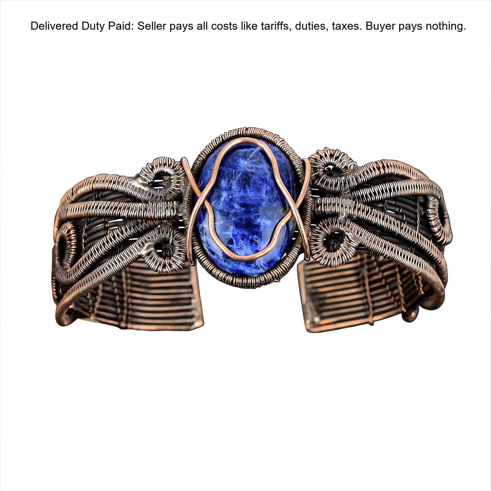Oval Third Eye Chakra Sodalite Gemstone Boho Wire Wrapped Bangle Jewelry Copper