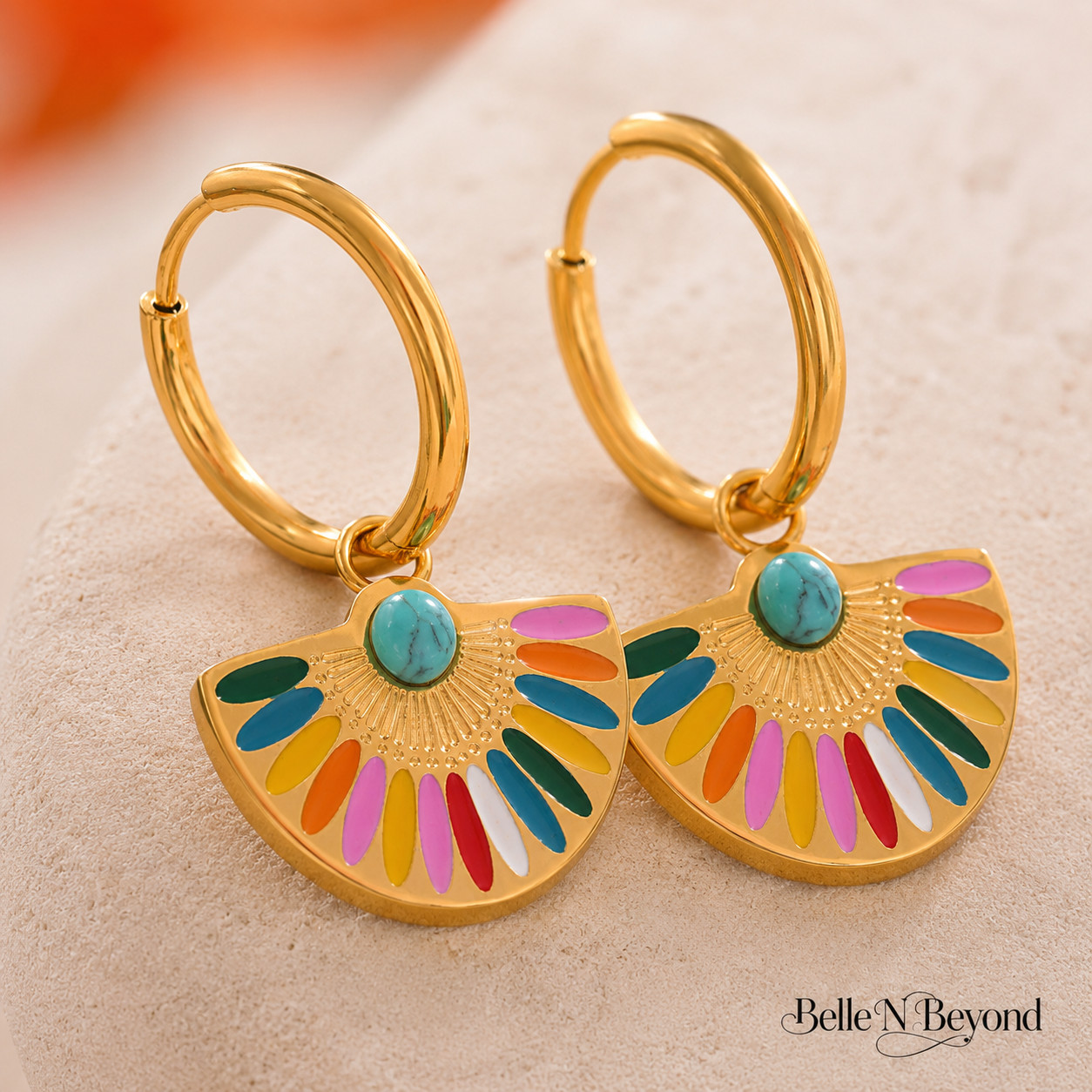 Colorful Fan Hoop Earrings Turquoise Enamel Gold Silver Boho Dangle Set