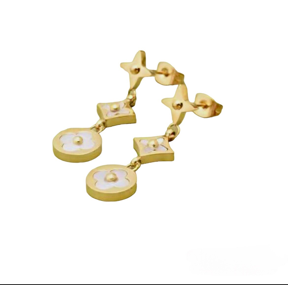 18k Gold Plated Shell Gem Flower Dangling Stud Earrings