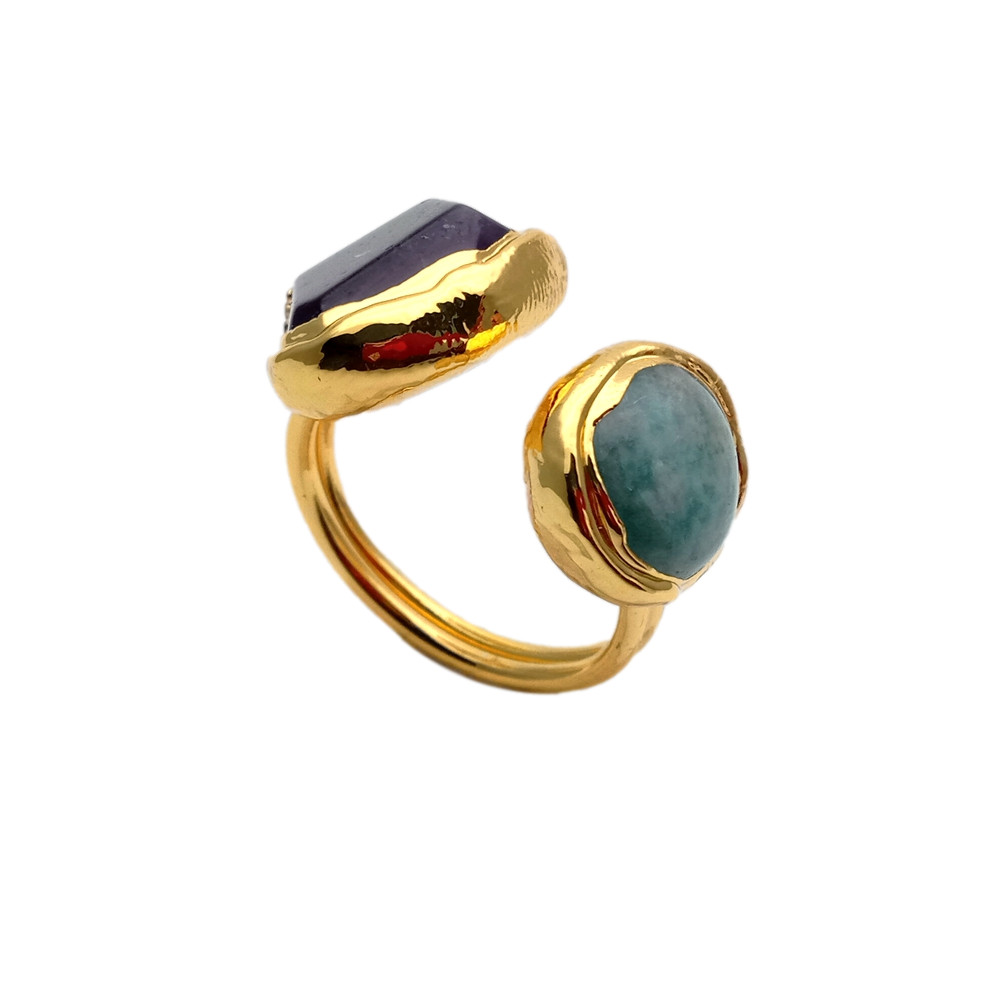Y·YING Natural Gemstone Ring Green Amazonite Purple Amethyst Ring Handmade