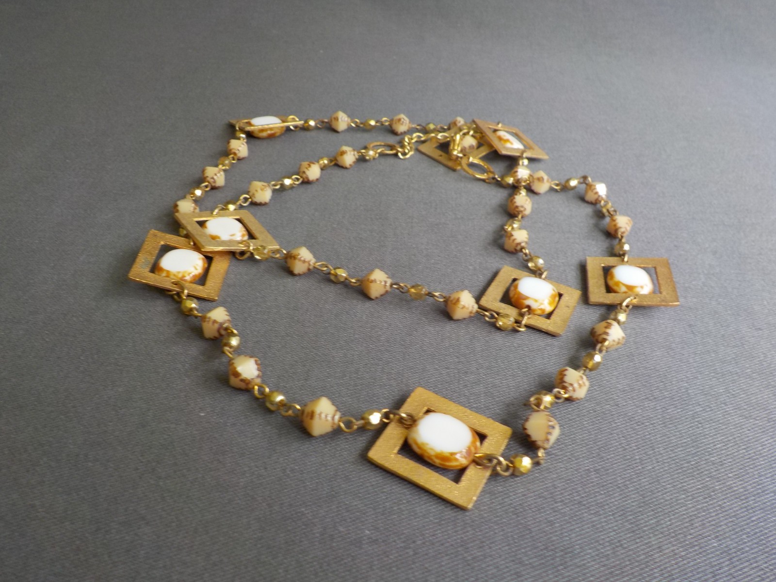 Seasonal Whispers Square Necklace Gold Tone Metal Glass Plastic Bead Linked