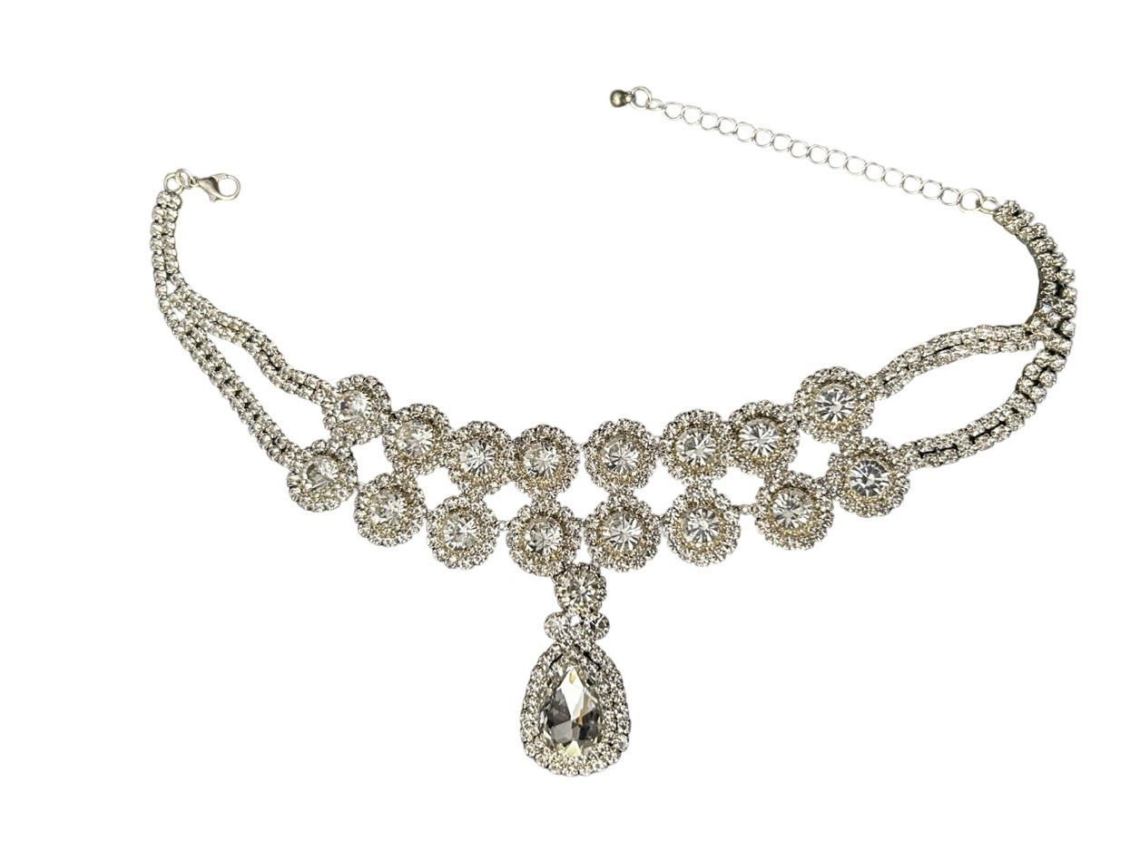 Double Circle Rhinestone Crystal Choker Statement Necklace Teardrop Pendant