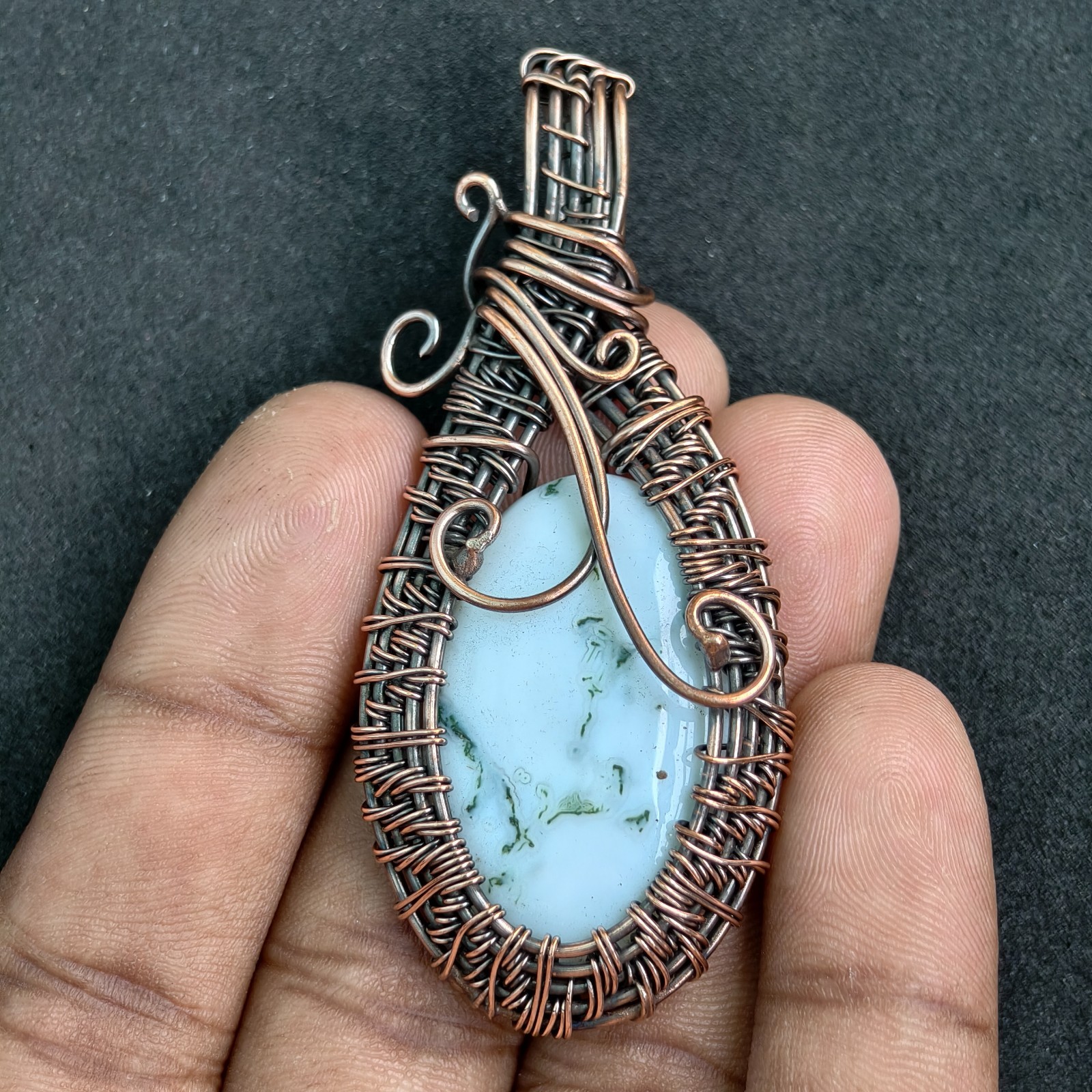 Copper Wire Wrapped Dendritic Opal Pendant, Handmade Gemstone Necklace