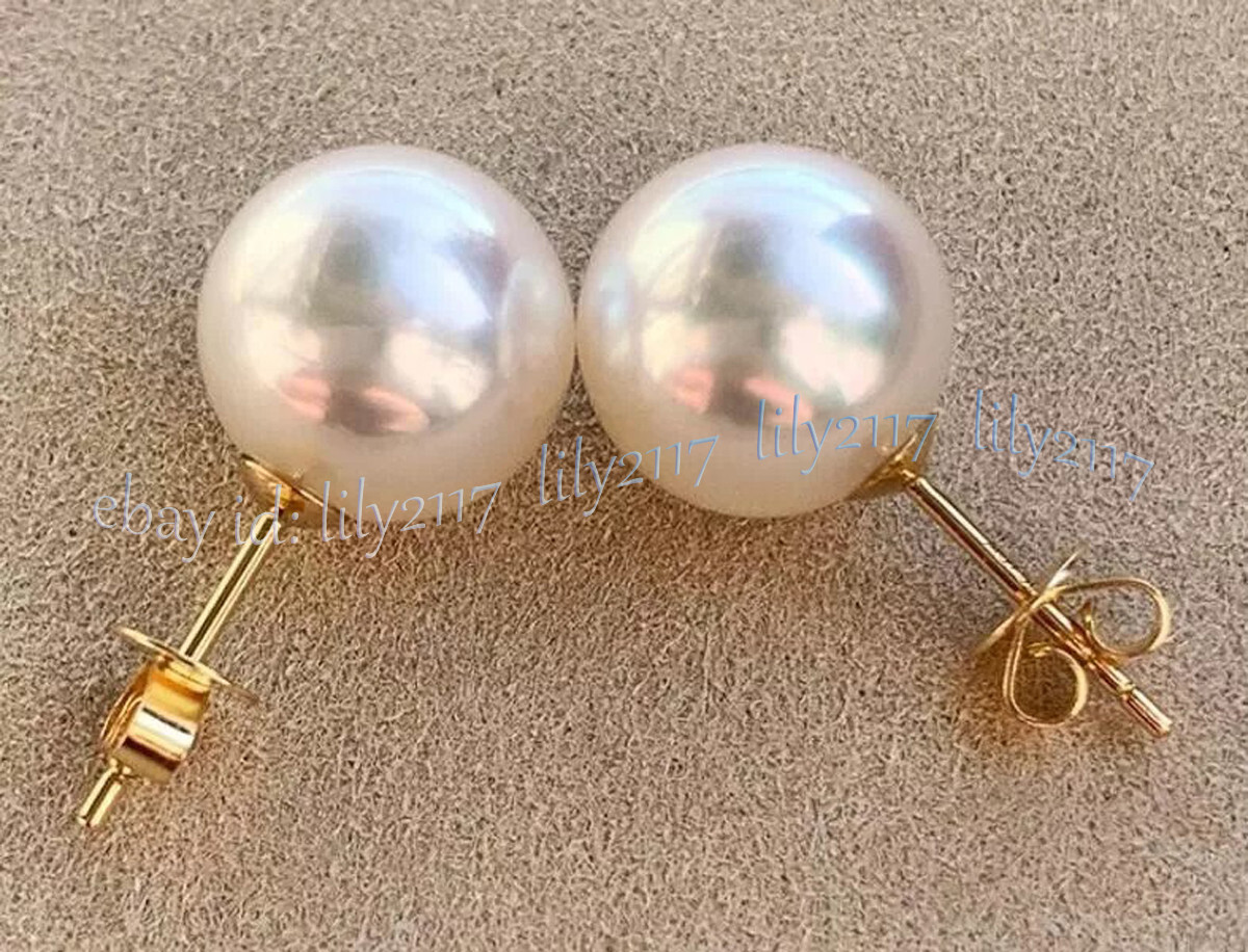 Gorgeous Huge 12-13mm South Sea White Round Pearl Stud Earrings 14k Yellow Gold