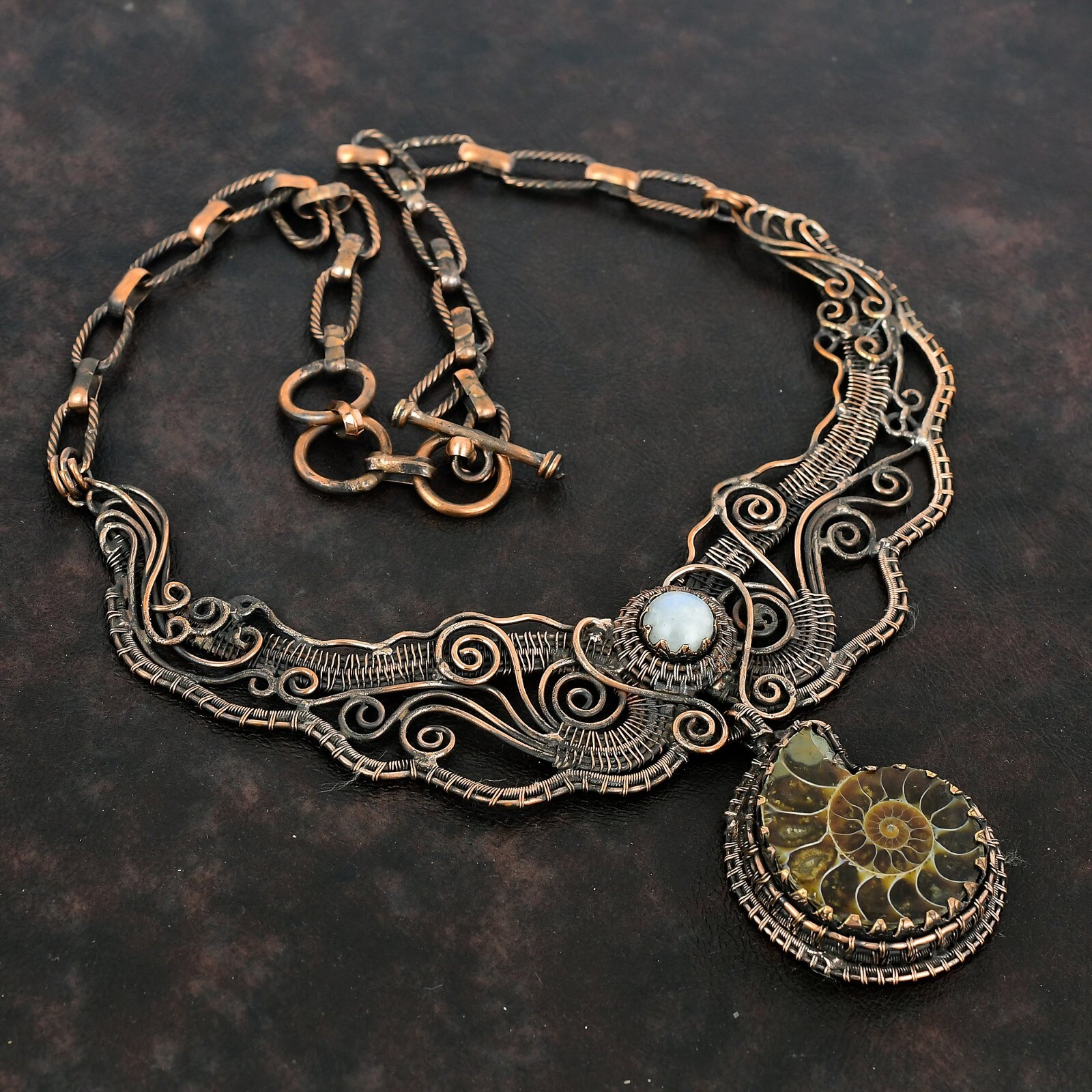Ammonite Fossil Copper Gift For Mom Wire Wrapped Chain Adjustable Necklace 18.0″