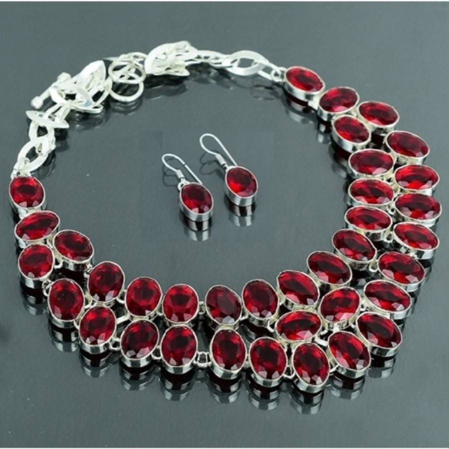Faceted Mozambique Garnet Oval Shape Gemstone Gift Necklace Earrings Jewelry Set
