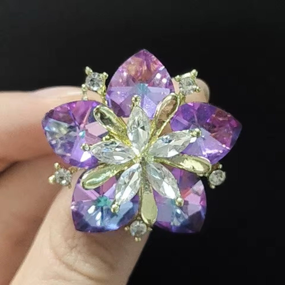 Purple Crystal Flower Brooch Gold Tone Pin Rhinestone Plant Summer Jewelry Gift