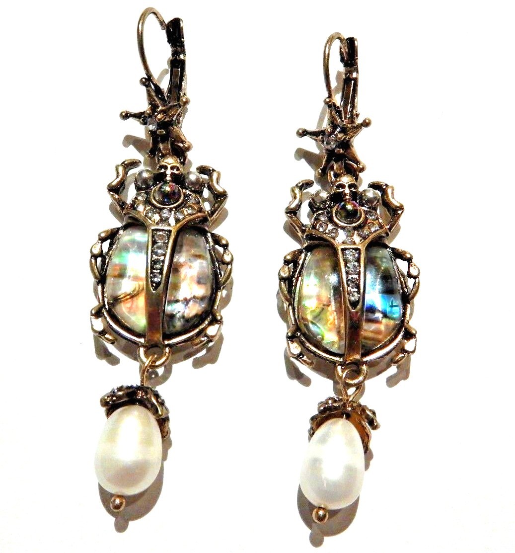 Abalone Shell Scarab Beetle Earrings skull crystal pearl Egypt pendant gothic 4Y
