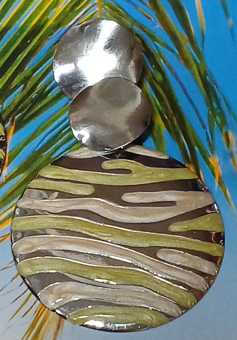 Multi Layer Silver Tone Alloy Disc Earrings with Green and Tan Wavy Design