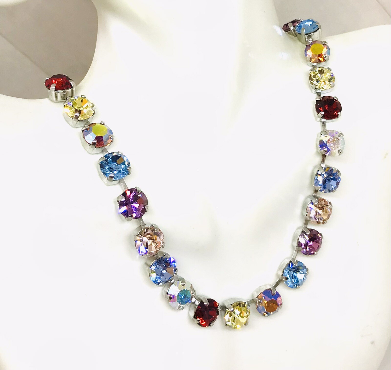 Siam Red Rainbow Cup Chain Necklace, Light Blue Crystal Rainbow Mix Necklace