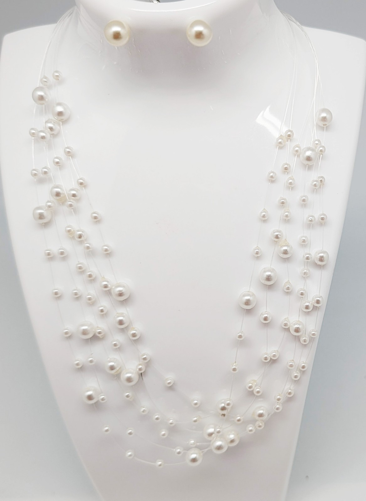 DESIGNER INSPIRED 18 in WHITE FAUX PEARL MULTI ILLUSION SILVER TONE JEWELRY SET