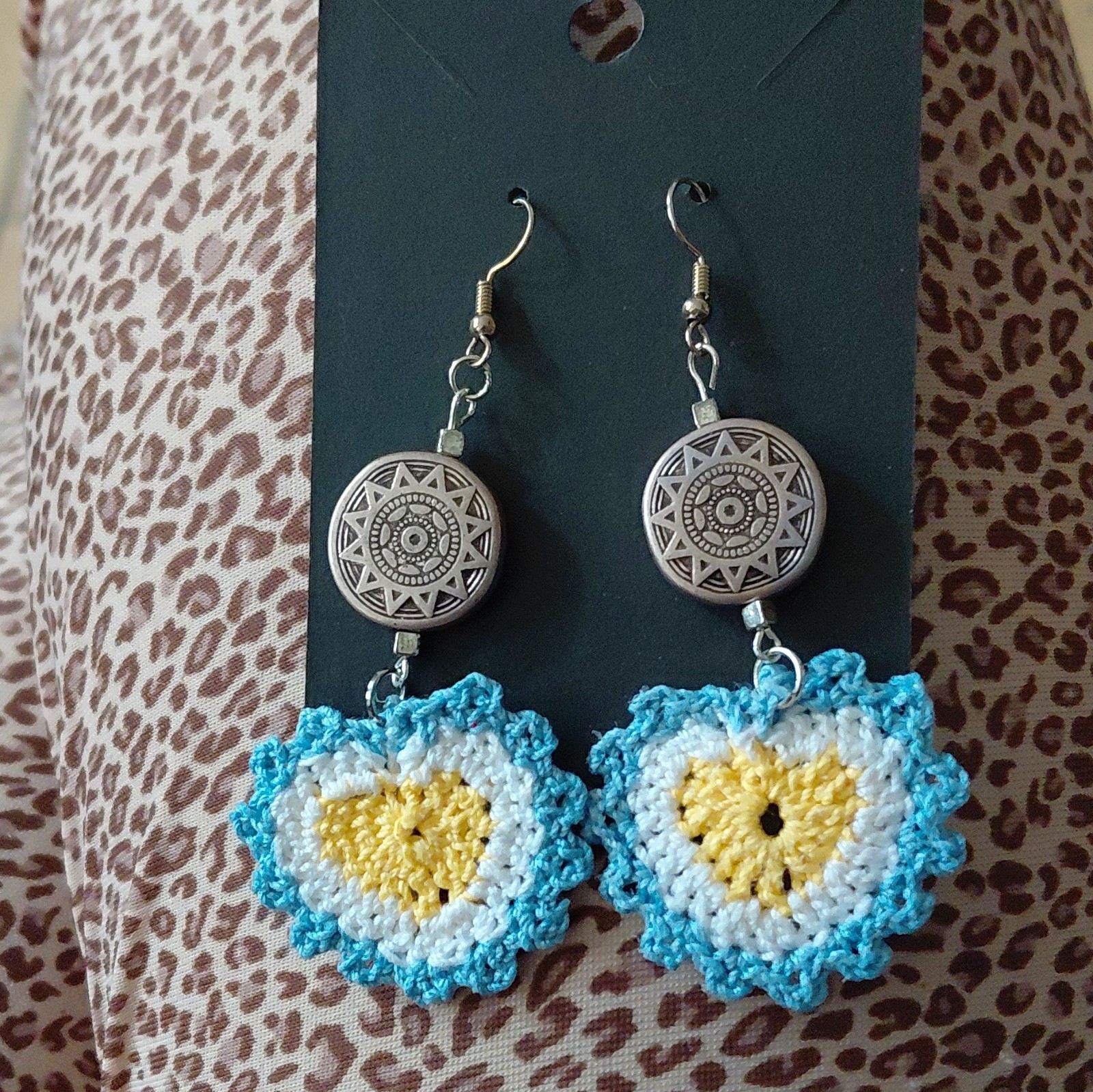 Handmade Crochet Flower Dangle/Drop Earrings Blue White Yellow Hook Boho
