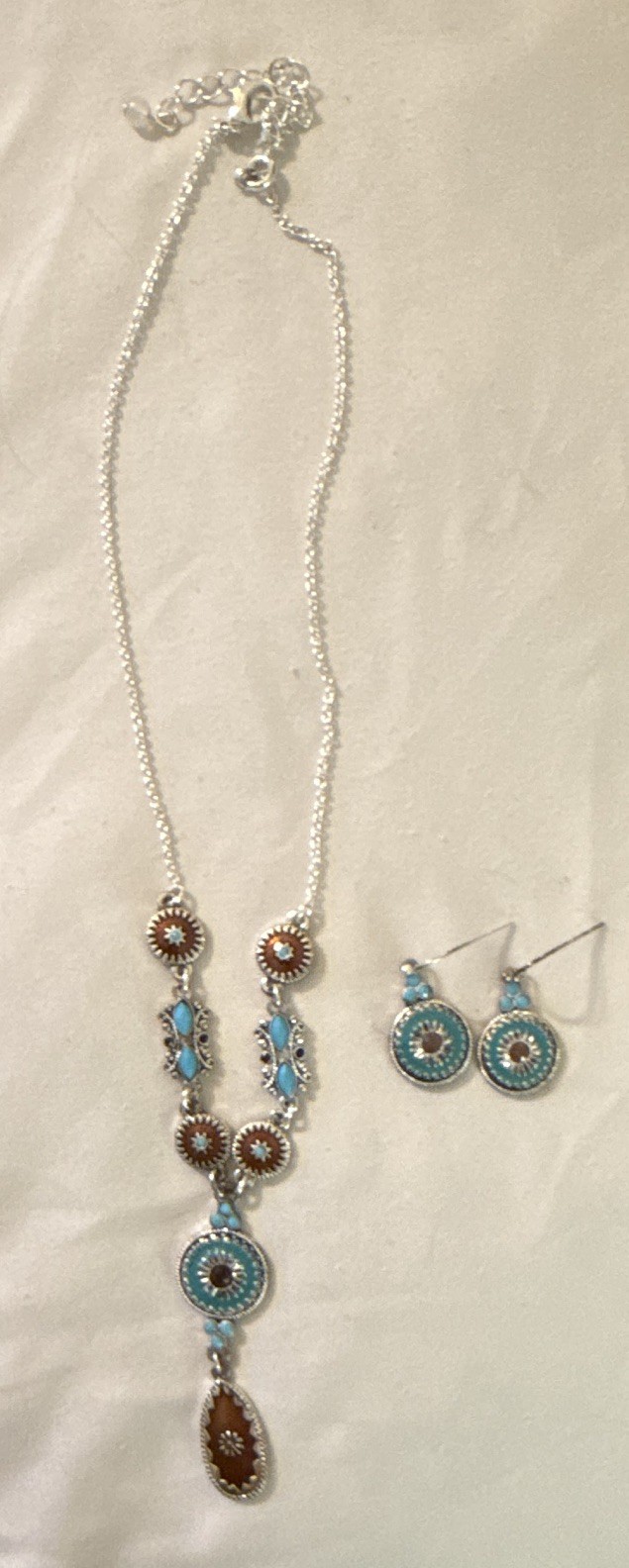 Generic Silver Tone Blue & Brown Pendant Necklace & Dangle Earrings Set