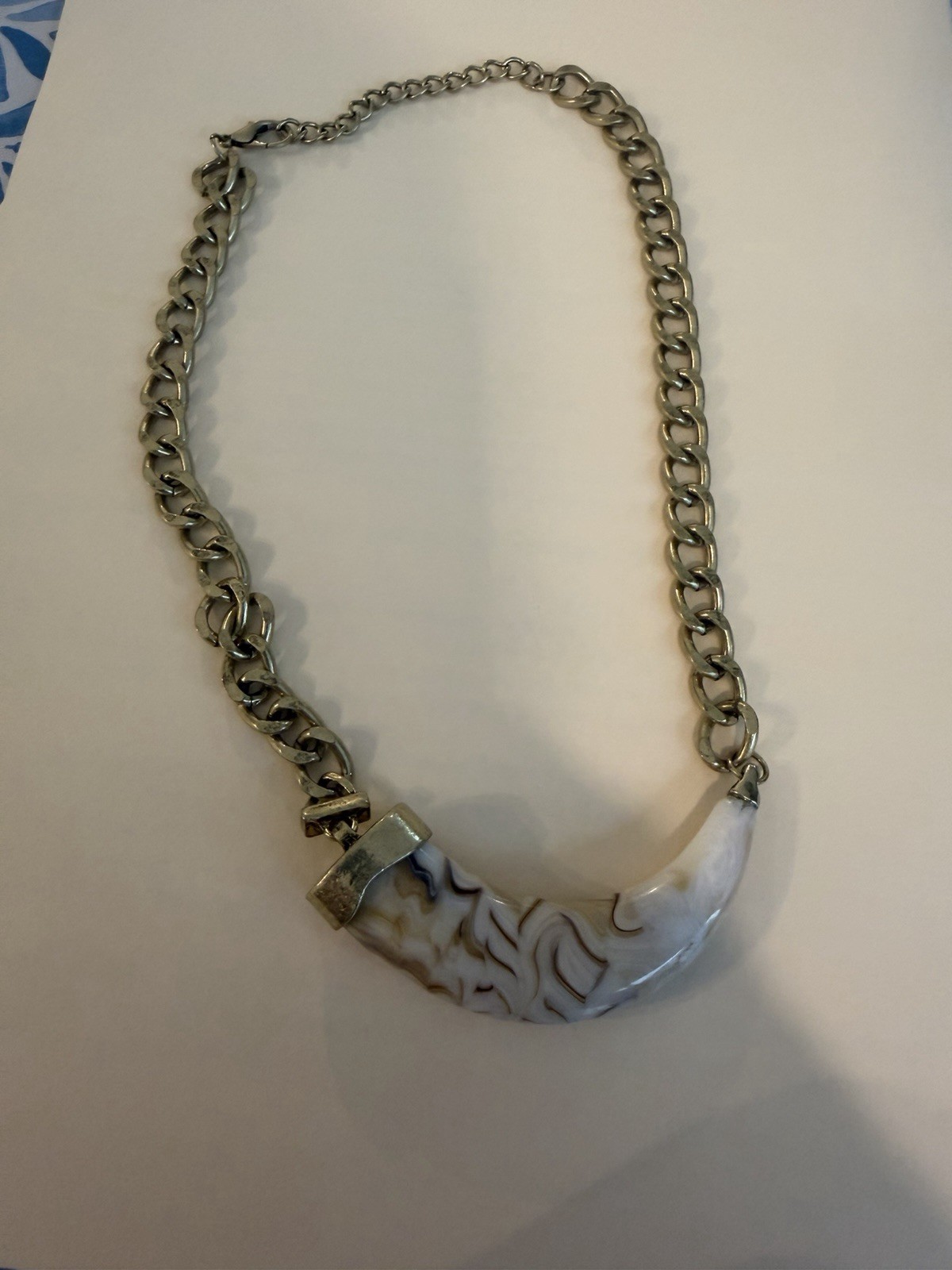 Silver Tone Curb Link Chain Necklace with White Acrylic Crescent Charm Pendant
