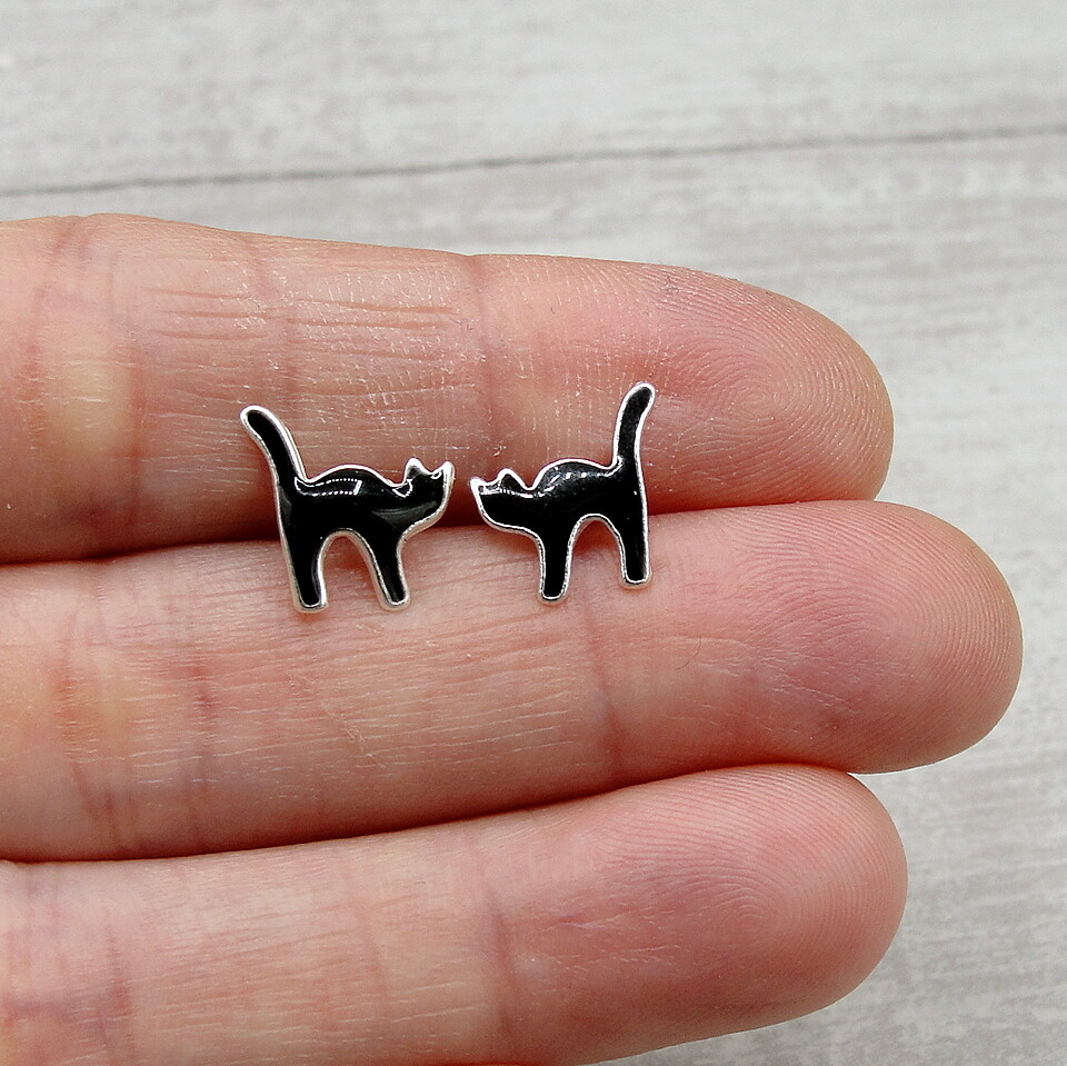 Black Cat Post Earrings – 925 Sterling Silver – Kitty Cat Halloween Studs NEW