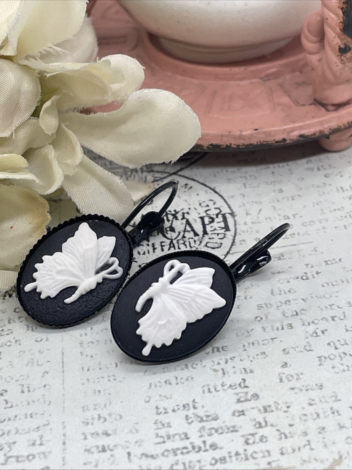 Black Setting Enamel Cameo Butterfly Mom Birthday Anniversary Gift Earrings