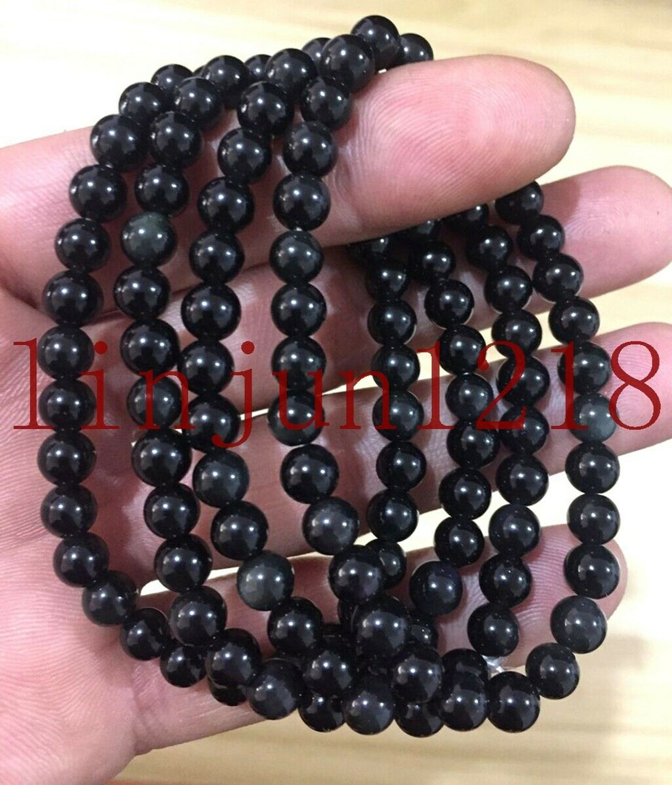 4pcs 6mm Black Rainbow Obsidian Gemstone Beads Bracelet Bangle 7.5”AAA