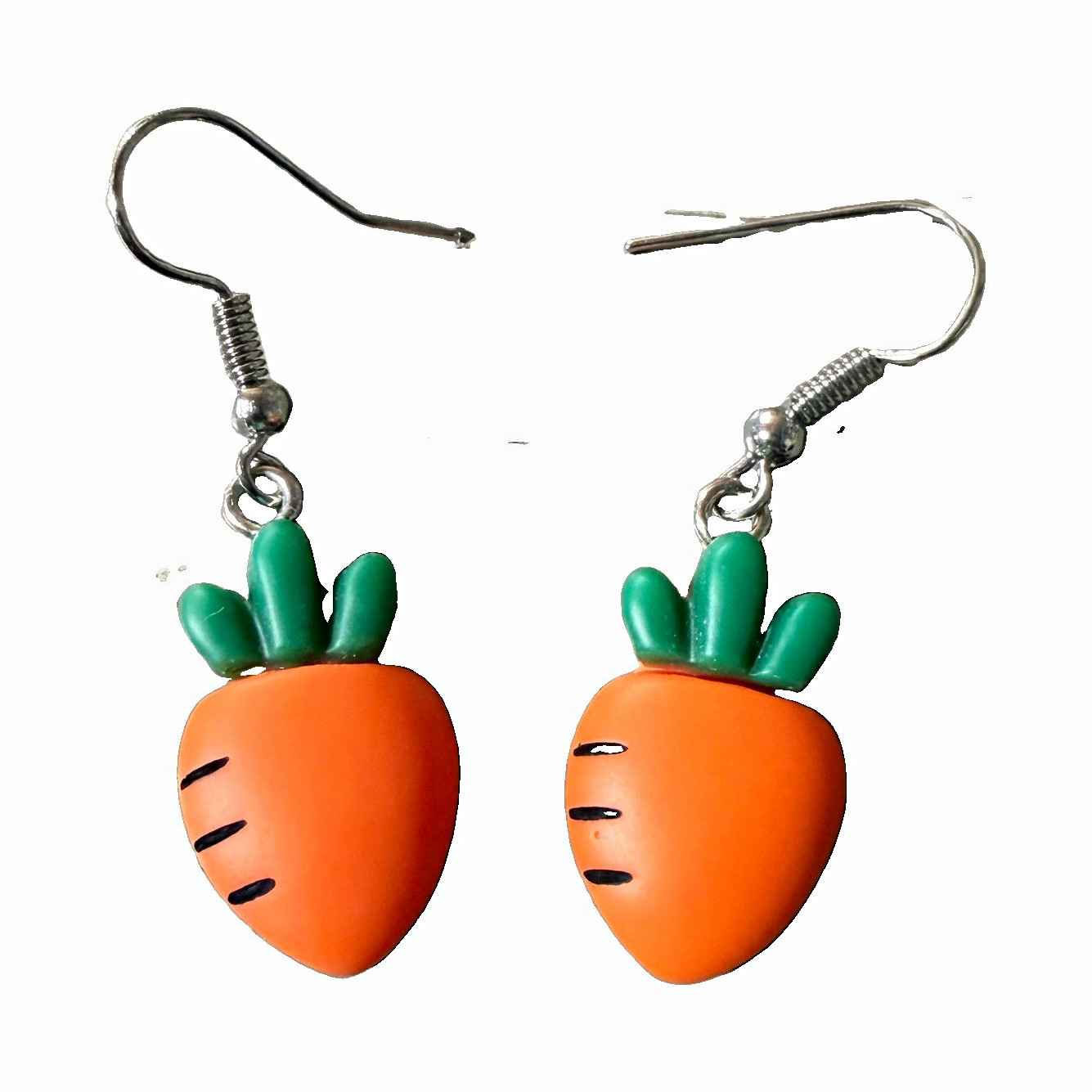 Carrot Dangle Drop Hook Earrings Orange Green Polymer Clay Metal Food & Drink