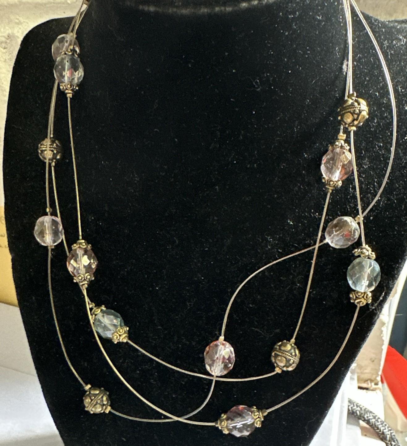 Chicos Multi Strand necklace Blue, Peach and Purple with metal Toned Beads