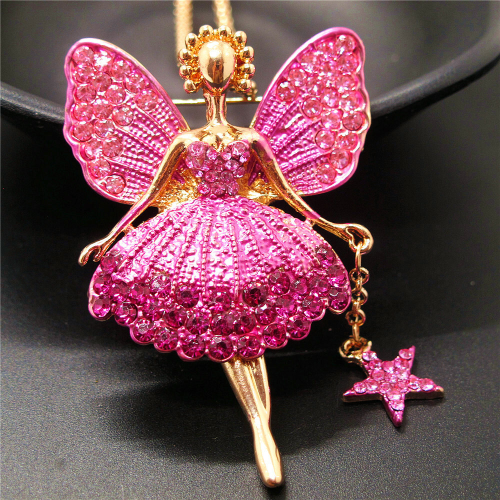 Fashion Women Rose Pink Star Crystal Ballet Girl Fairy Angel Wing Long Necklace