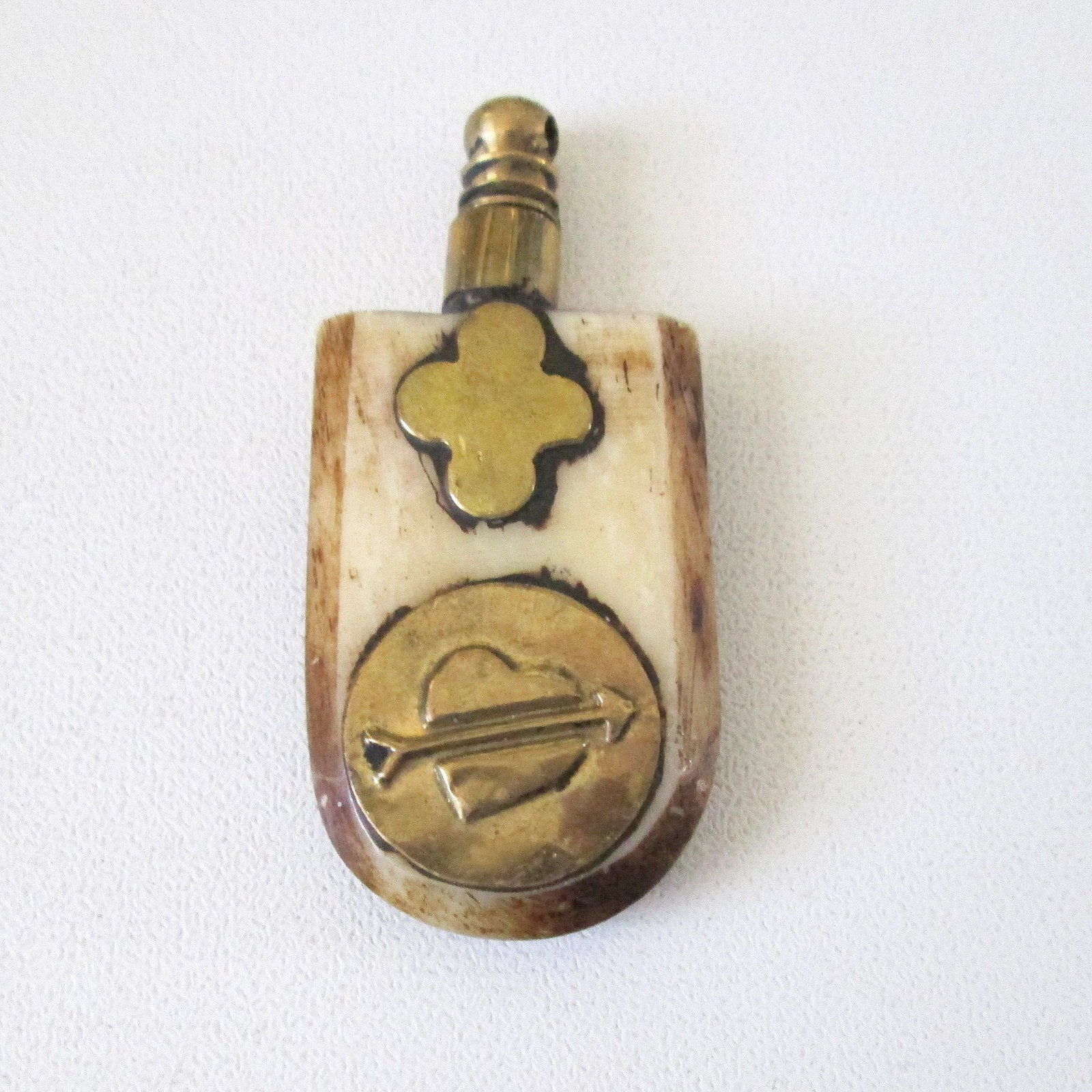 Vintage Bone Perfume Bottle Pendant Brass Dauber & Accents 1.5″ Long