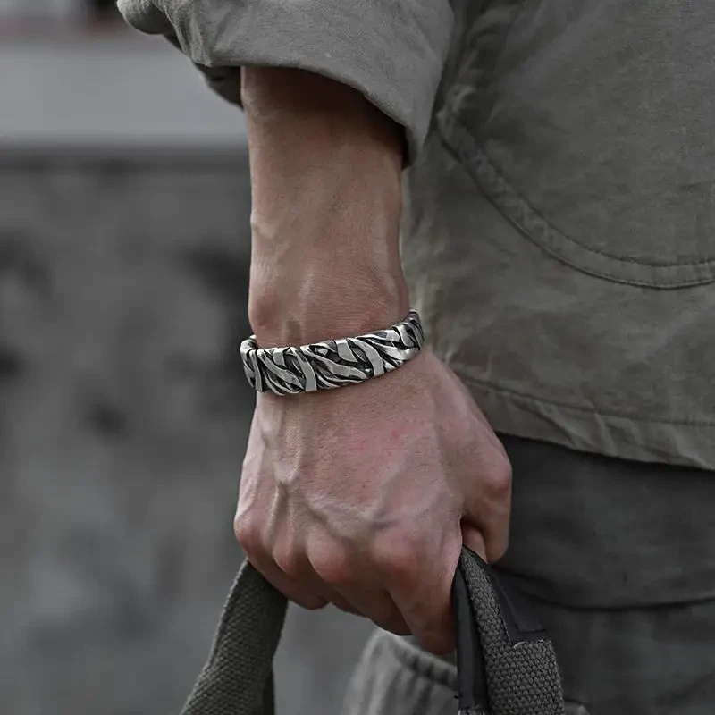 Retro C-Shaped Braided Alloy Cuff Bracelet Silver Color Men Fashion Jewelry