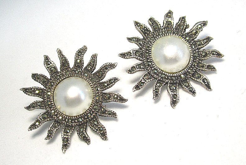Silver Pierced Earrings w Faux Pearl and Marcasites 11.7 grams 1 1/4”