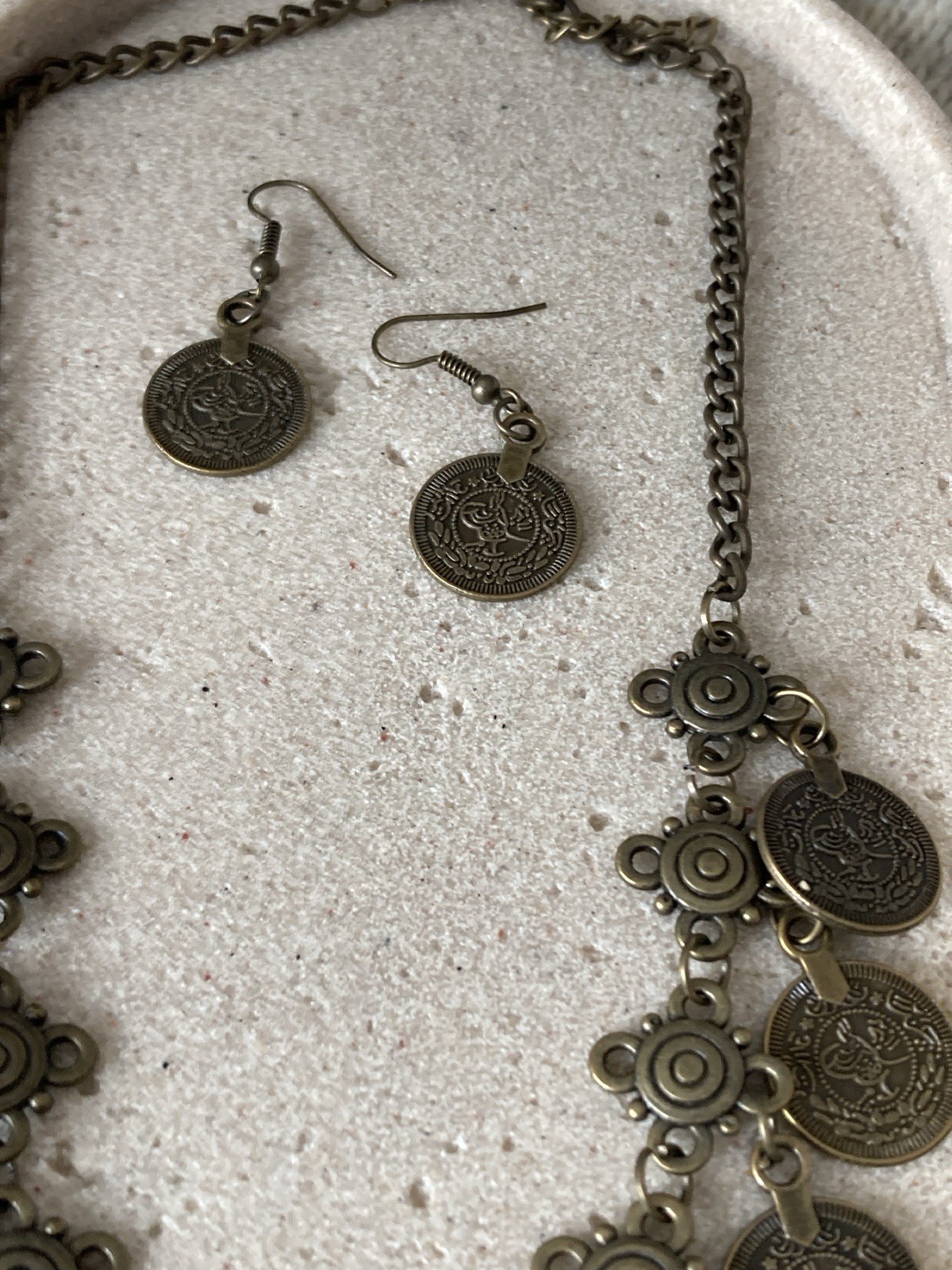 Bronze Tone Coin Necklace & Earrings Set Boho Tribal Statement Festival Charms