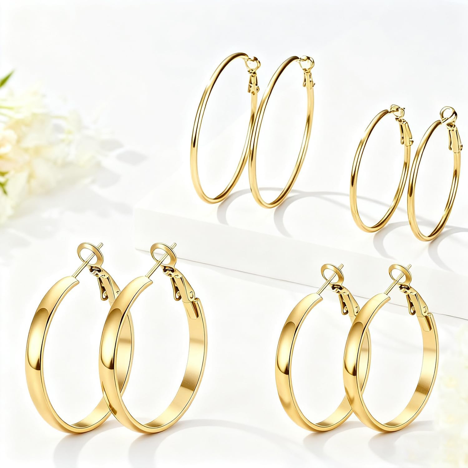 4 Pairs Silver Gold Hoop Earrings for Women | 14K Gold Plated Hoop Earrings Set