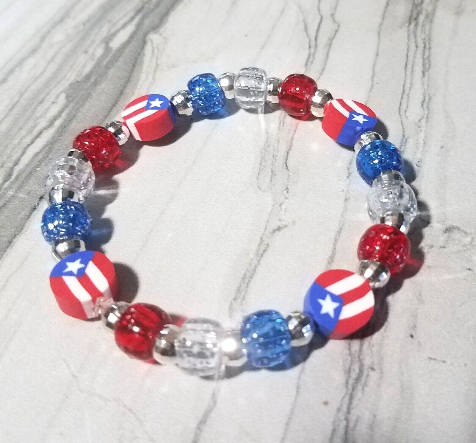 Puerto Rico Flag Stars & Stripes Beaded Stretch Bracelet. Red White & Blue PR