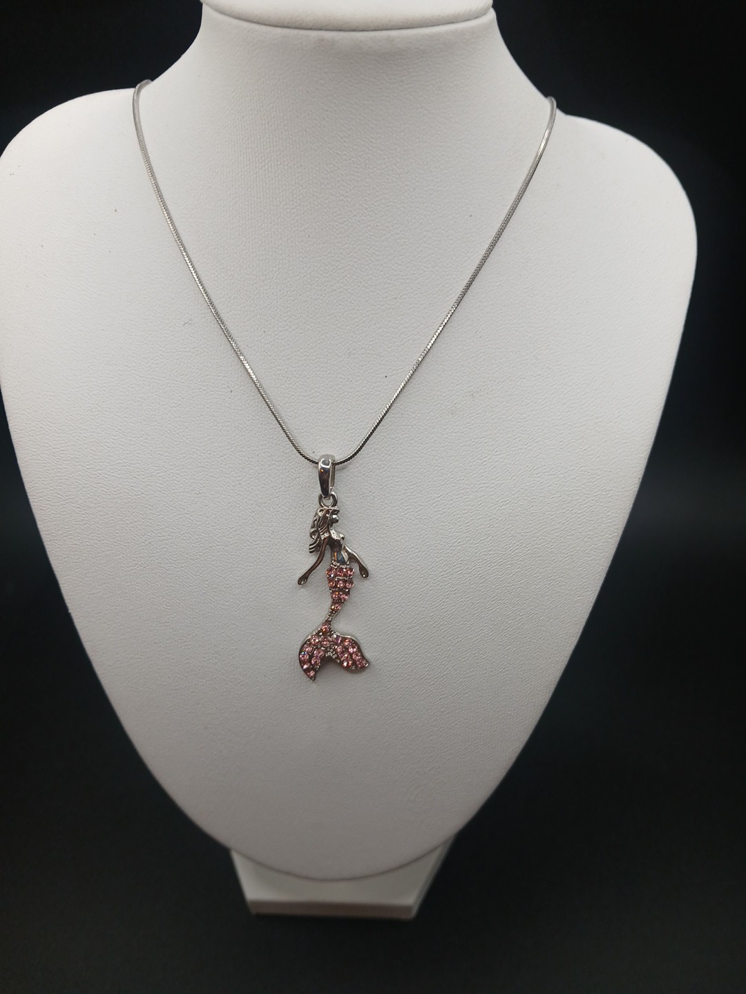 Mermaid Necklace Pink Rhinestones Signed Adult Jewels Silvertone