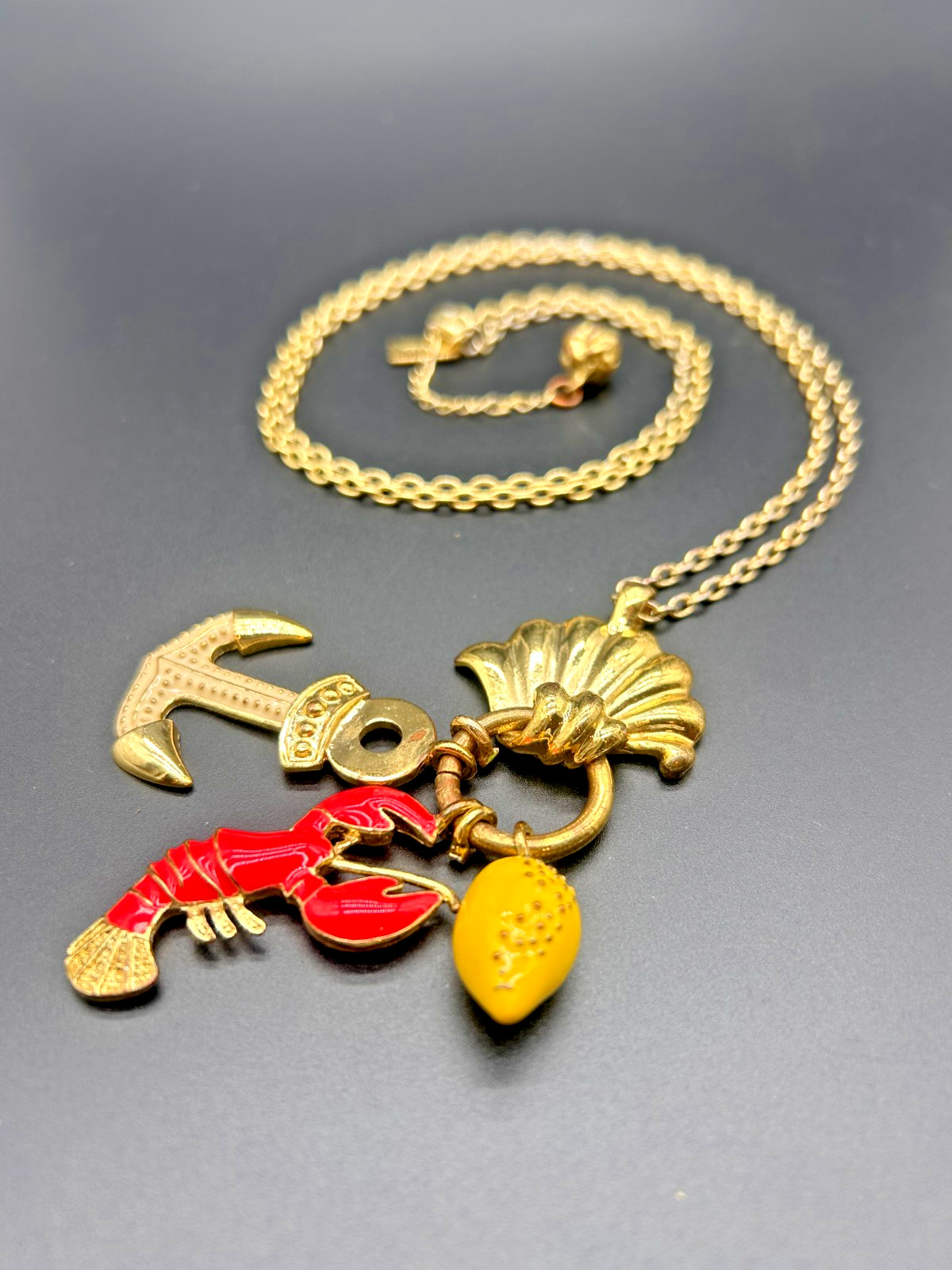 Lilly Pulitzer Nautical Charm Long Necklace Gold Tone Shell Lobster Anchor Lemon