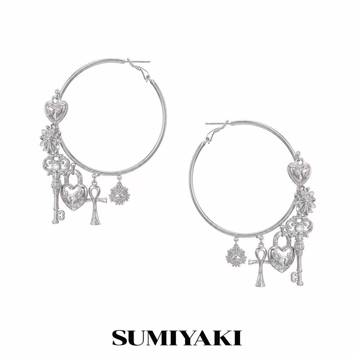 Key & Heart Drop Earrings Copper Zircon 925 Silver Needle, Gold & Silver