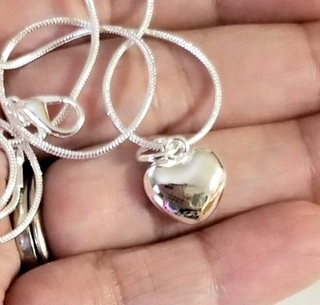 Sterling Silver Heart Necklace Silver Puff Heart Pendant Necklace Heart Jewelry