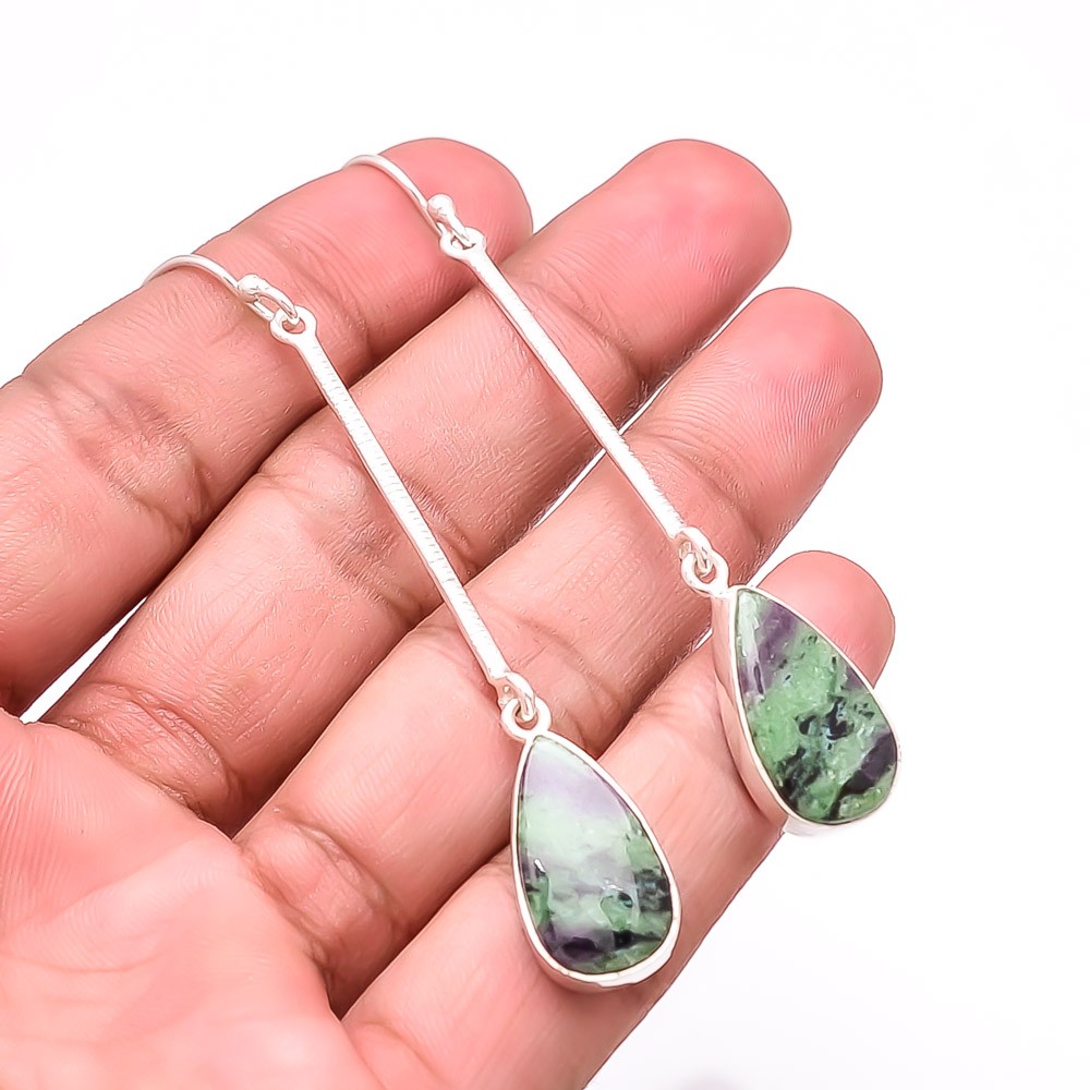 Natural Ruby With Zoisite – Tanzania 925 Sterling Silver Earring 3.00″ Sku14