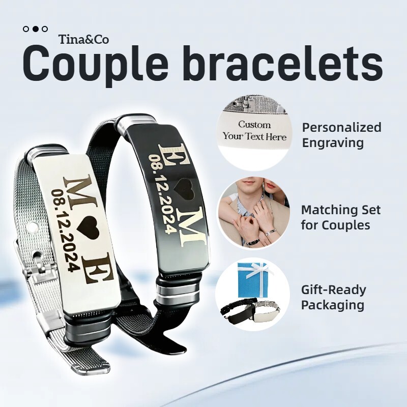 His and Hers Engraved Couple Bracelets – Custom Name Date Stainless Steel