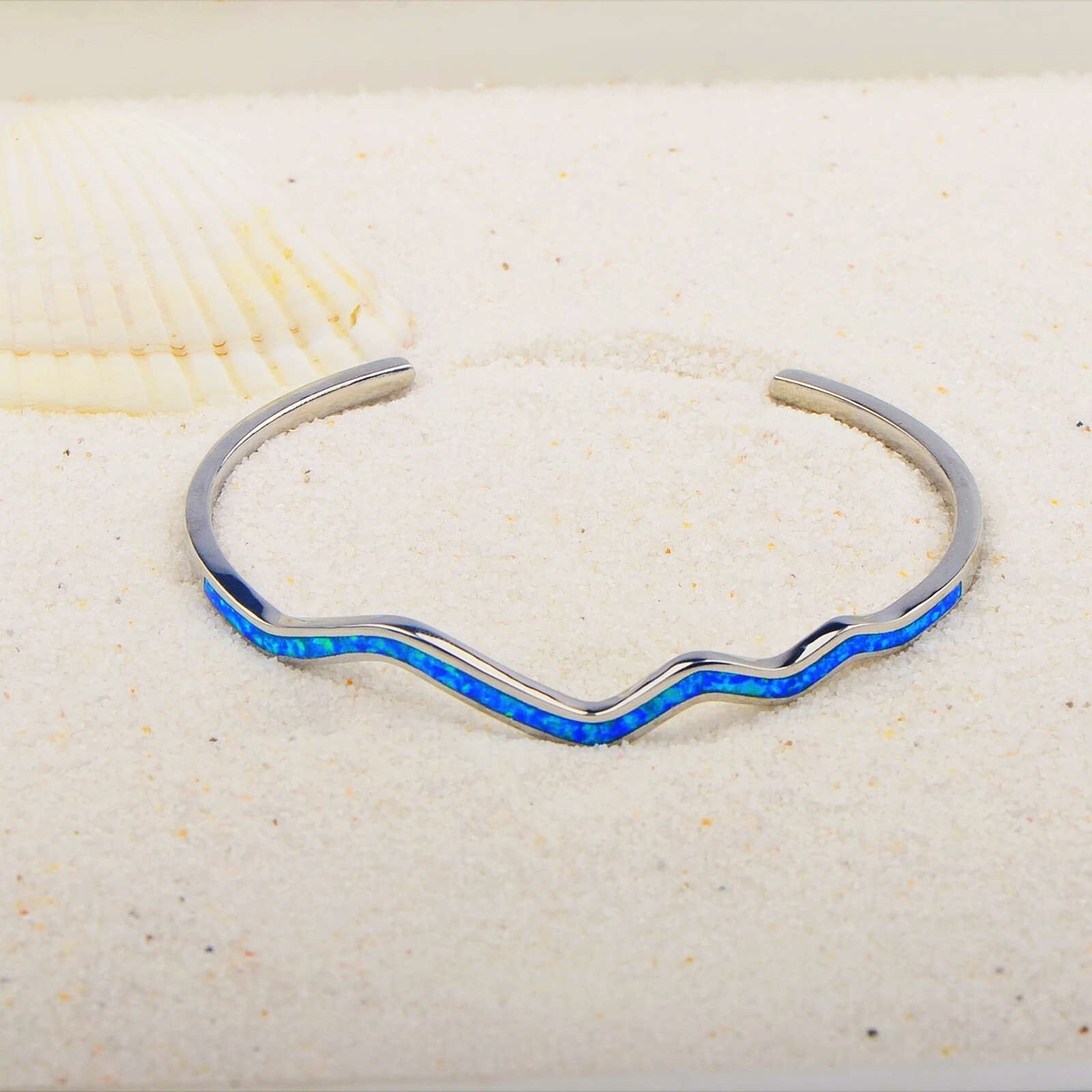 Hawaii Blue Opal Waves Cuff Bangles 925 Sterling Sliver Jewelry For Women Girls