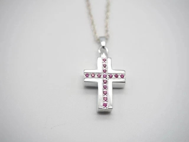 Round Cut Simulated Pink Ruby Cross Charm Pendant Chain In 14k White Gold Plated