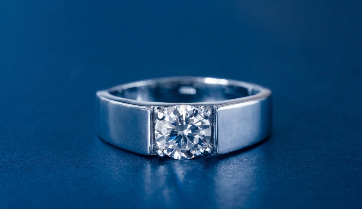 Men’s Round Moissanite Solitaire Ring, 925 Sterling Silver Engagement Band
