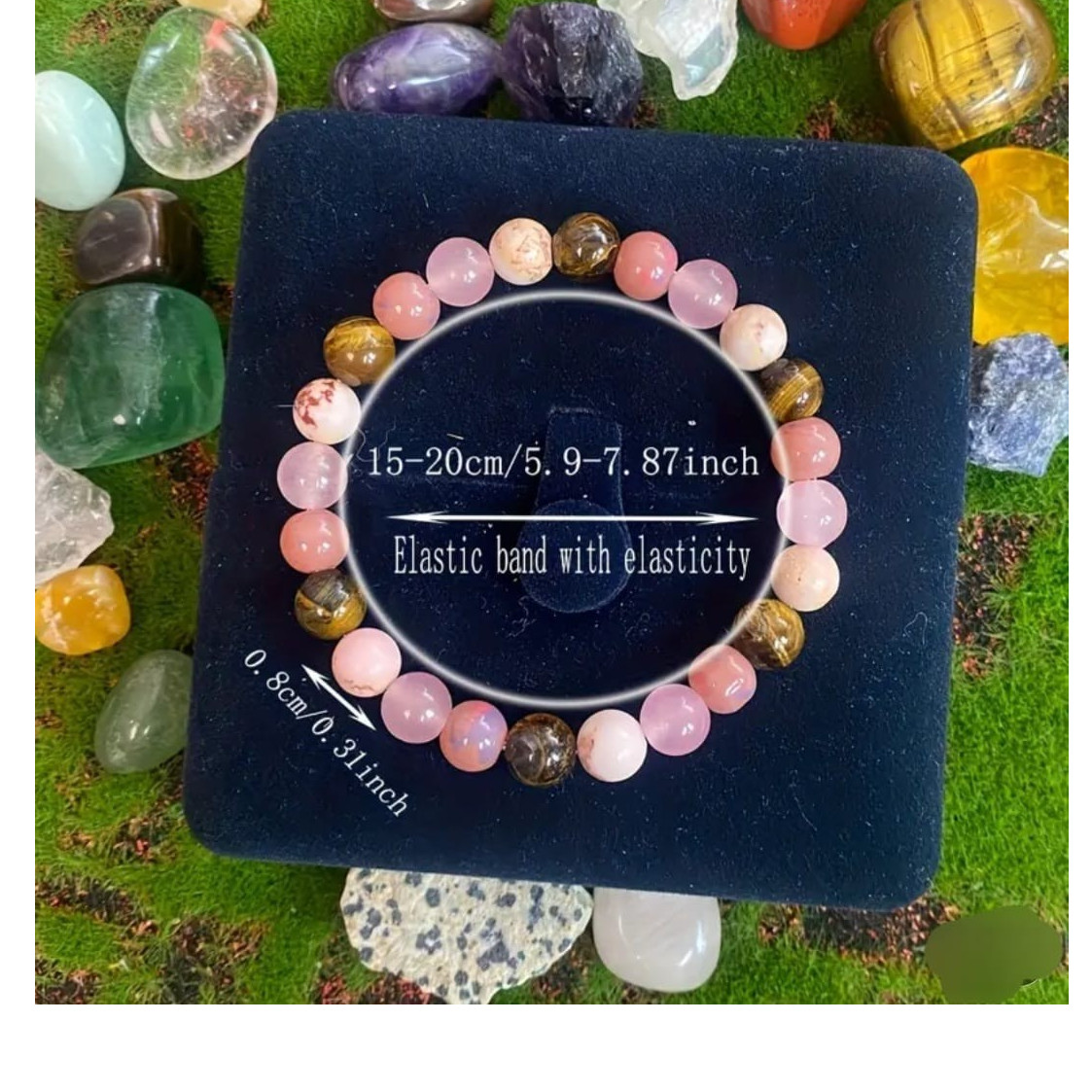 Healing Stone Beaded Stretch Bracelet, Pink/Brown/White Round 0.8cm, Adjustable